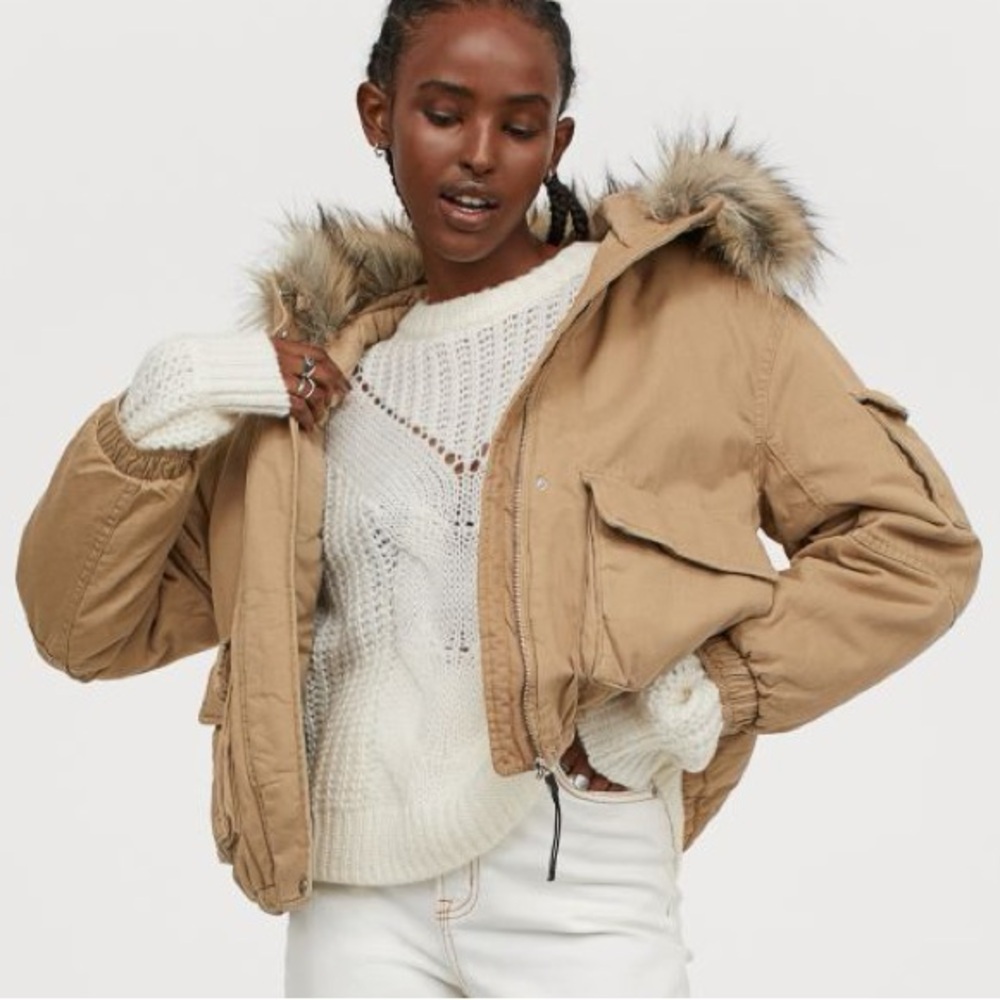 Divided Tan Hooded Jacket with Faux Fur Trim